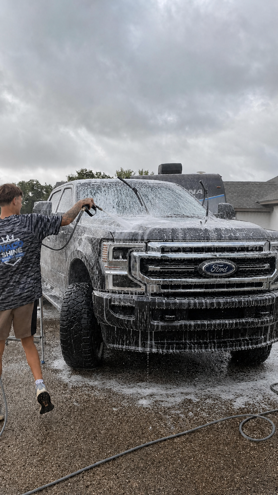 Ford Super Duty covered in car-wash foam